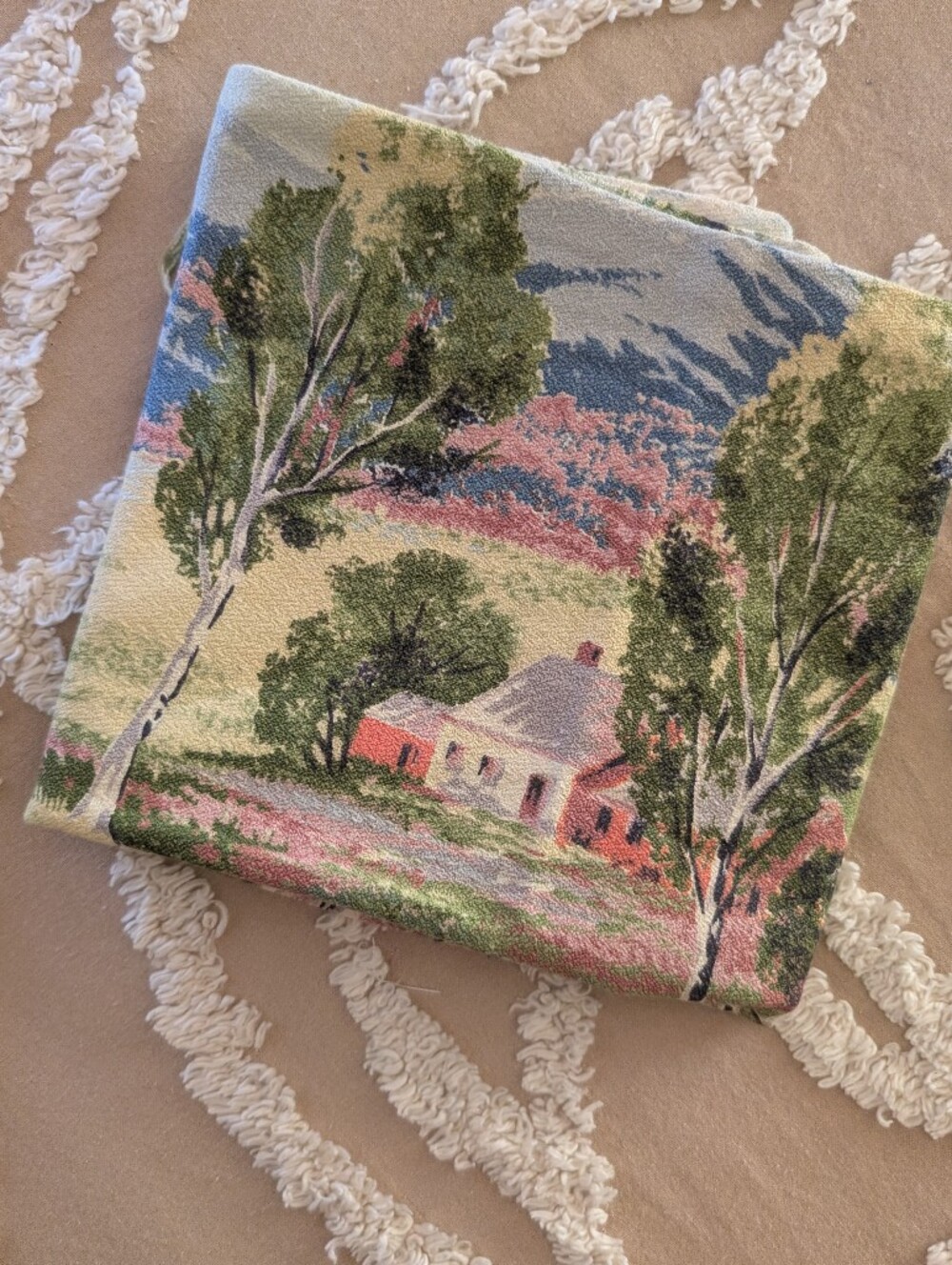 Beautiful Barkcloth pillow case, pastoral scene